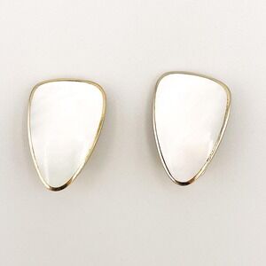 Vtg Germany Mother of Pearl Clip-On Earrings - Gold Tone Modernist Statement